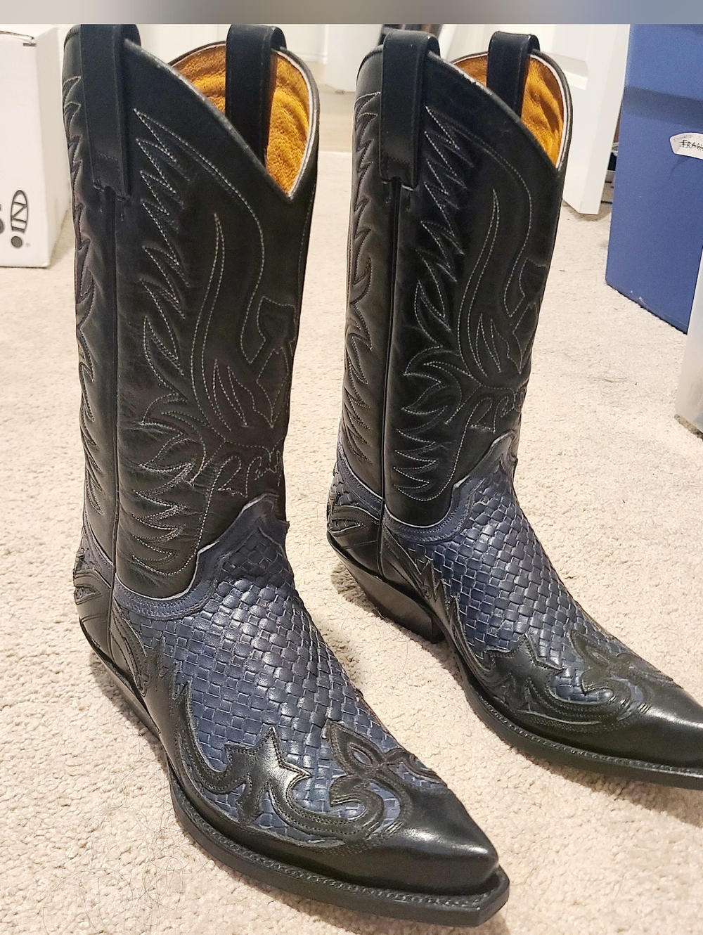 SENDRA Black Navy Woven Leather Pointed Toe Women's Cowgirl Boots